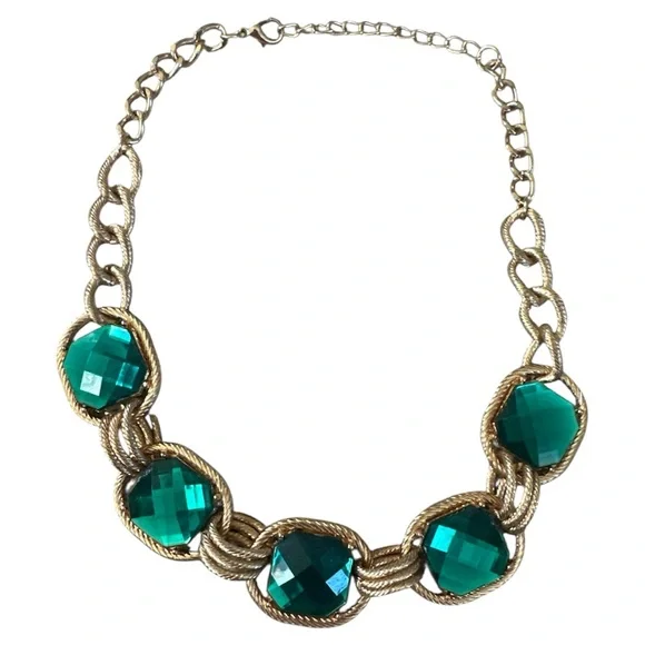 Vintage Gold-Tone Chunky Statement Necklace with Teal/Emerald Faceted Stones - Picture 1 of 7